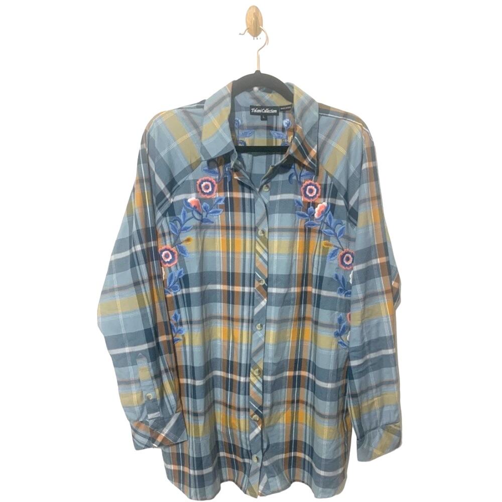 Tolani Collection Embroidered Floral Plaid Button Front Shirt Top Sz LG